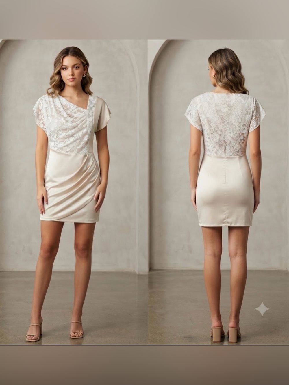 🔴 Elegant Lace-Detail Cream Short Dress